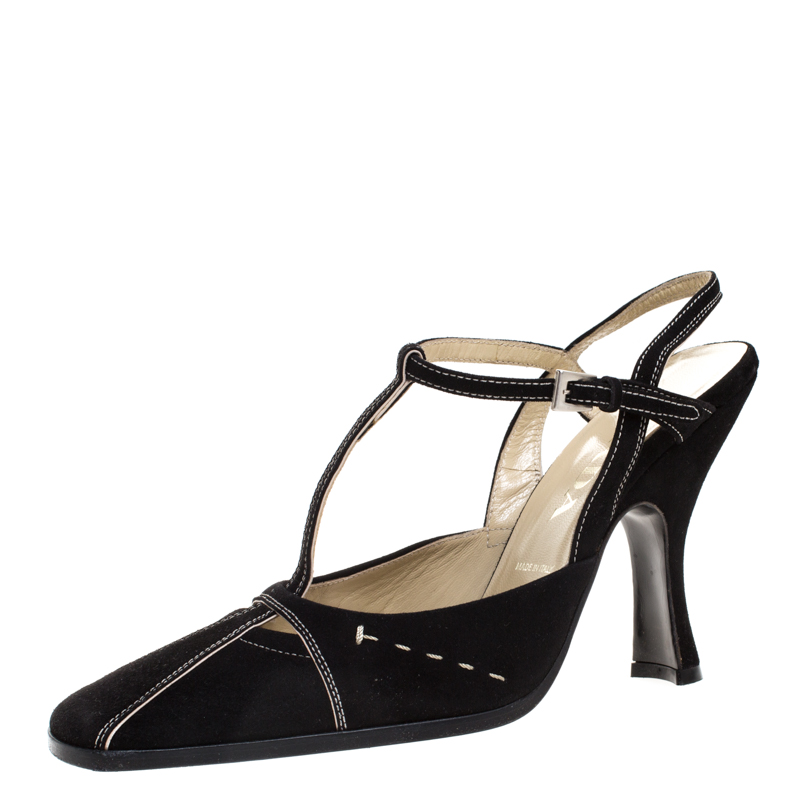 Prada Black Suede T Bar Square Toe Ankle Strap Pumps Size 37.5, Pumps - Luxury Closet catalog