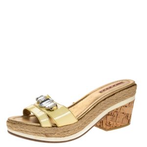 Prada Sport Yellow Patent Leather Cork Wedge Espadrille Slide Sandals Size 38.5, Sandals - Luxury Closet catalog