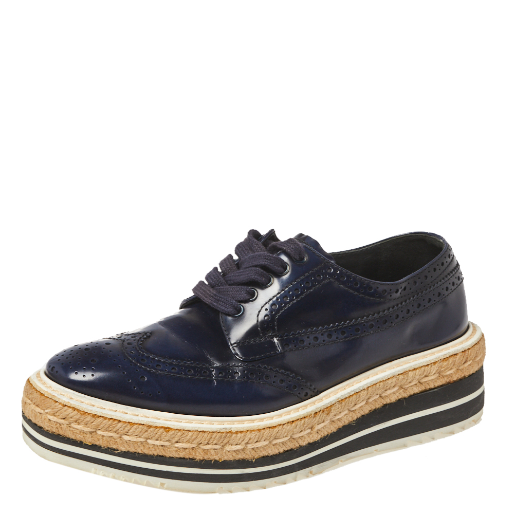 Prada Blue Brogue Leather Derby Lace Up Espadrille Sneakers Size 35.5, Athletic Shoes & Sneakers - Luxury Closet catalog