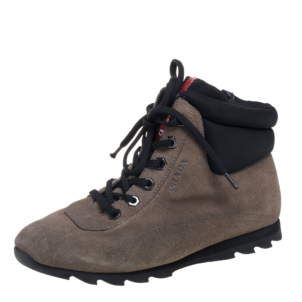 Prada Grey Suede And Fabric Lace Up High Top Sneakers Size 35, Athletic Shoes & Sneakers - Luxury Closet catalog