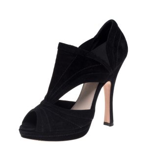 Prada Black Suede Cutout Peep Toe Booties Size 37.5, Boots - Luxury Closet catalog