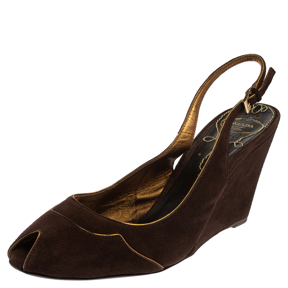 Prada Brown Suede Wedge Peep Toe Sandals Size 41, Sandals - Luxury Closet catalog