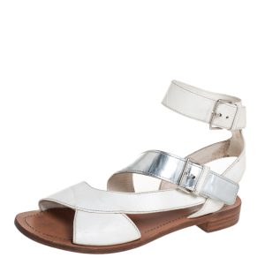 Prada White/Silver Leather Flat Ankle Strap Sandals Size 37, Sandals - Luxury Closet catalog