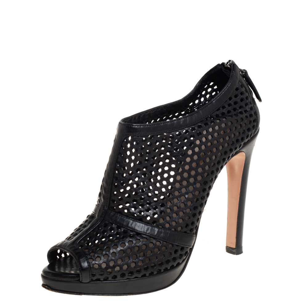 Prada Black Perforated Leather Peep Toe Booties Size 36, Boots - Luxury Closet catalog
