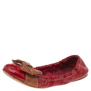 Prada Red/Brown Patent Leather Bow Scrunch Ballet Flats Size 38, Flats - Luxury Closet catalog