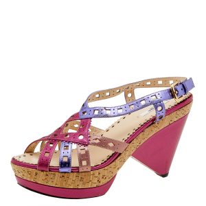 Prada Multicolor Leather Cork Heel Platform Slingback Sandals Size 41, Sandals - Luxury Closet catalog