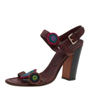 Prada Brown Leather Floral Embroidered Patches Ankle Strap Sandals Size 40, Sandals - Luxury Closet catalog