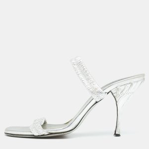 Prada Silver Leather Slide Sandals Size 37.5, Sandals - Luxury Closet catalog