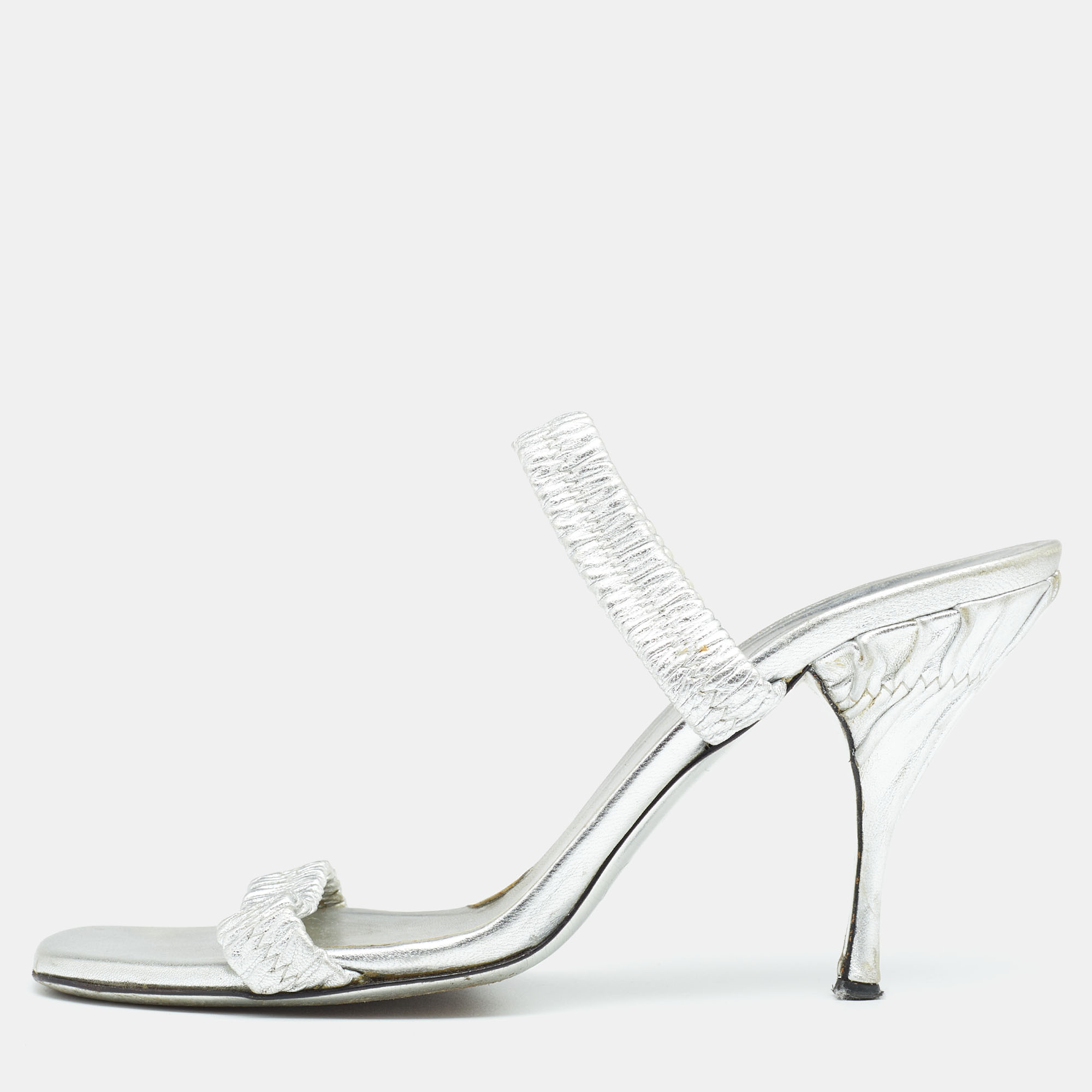 Prada Silver Leather Slide Sandals Size 37.5, Sandals - Luxury Closet catalog