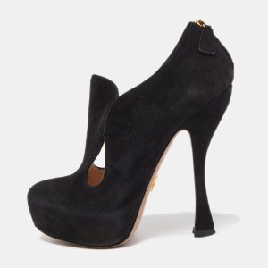 Prada Black Suede Zip detail Cut Out Platform Booties Size 36.5, Boots - Luxury Closet catalog