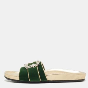Prada Green/Gold Velvet And Leather Buckle Detail Slides Sizes 39.5, Sandals - Luxury Closet catalog