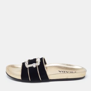 Prada Black Velvet Embellished Buckle Slides Size 39.5, Flats - Luxury Closet catalog