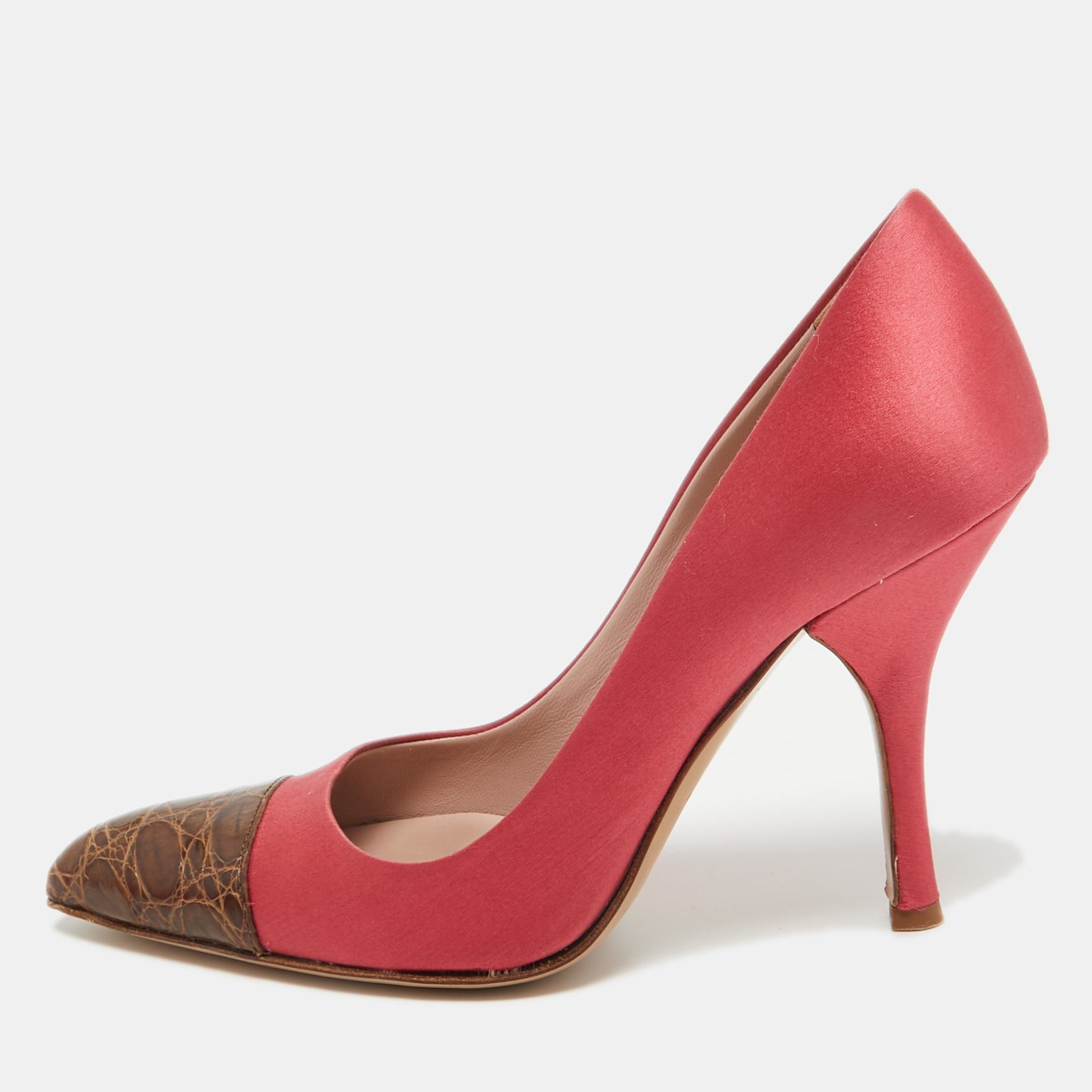 Prada Pink/Brown Satin and Croc Leather Cap Toe Pointed Toe Pumps Size 36.5, Pumps - Luxury Closet catalog