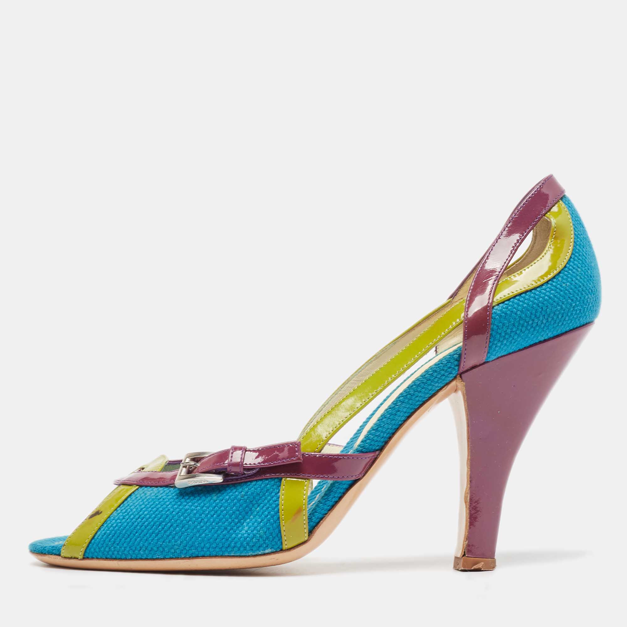 Prada Tricolor Canvas and Patent Leather Peep Toe Pumps Size 40.5, Pumps - Luxury Closet catalog