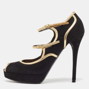Ralph Lauren Collection Black Suede and Leather Peep Toe Pumps Size 38.5, Pumps - Luxury Closet catalog