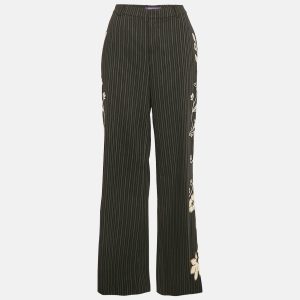 Ralph Lauren Black Embroidered Stripe Wool Wide-Leg Trousers M, Clothing - Luxury Closet catalog