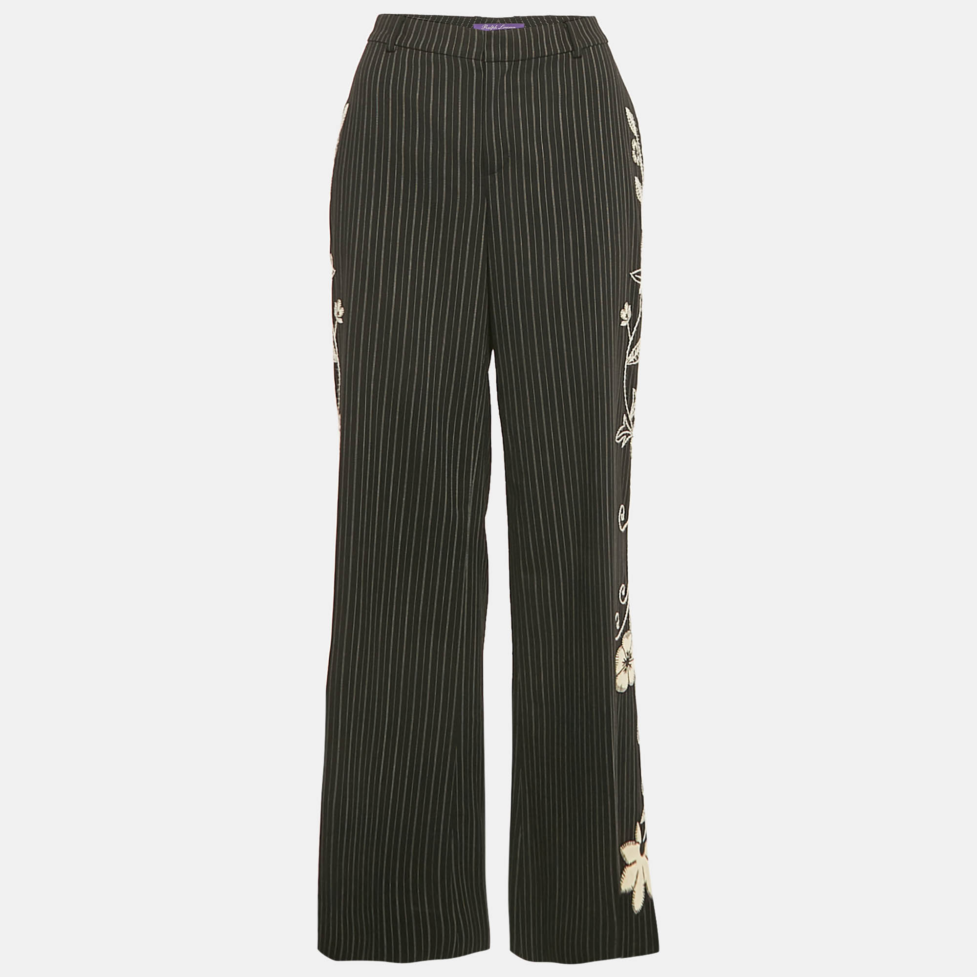 Ralph Lauren Black Embroidered Stripe Wool Wide-Leg Trousers M, Clothing - Luxury Closet catalog