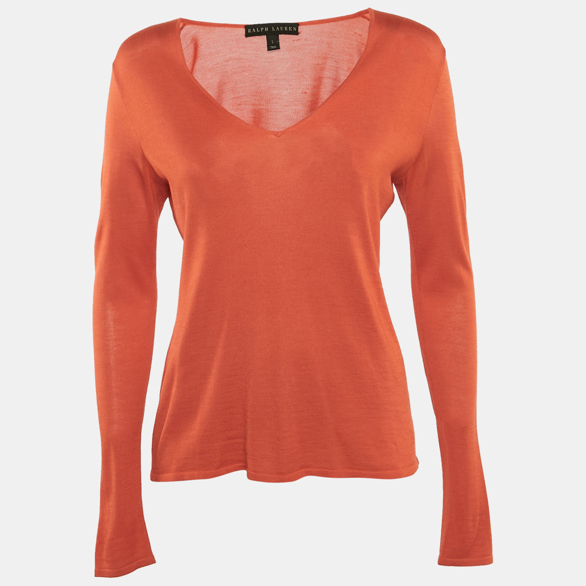 Ralph Lauren Orange Silk and Cashmere Long Sleeve Sweater Top L, Sweaters & Cardigans - Luxury Closet catalog