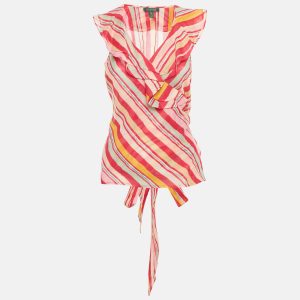 Lauren Ralph Lauren Pink/Multicolor Stripe Print Cotton Wrap Top S, Shirts & Tops - Luxury Closet catalog