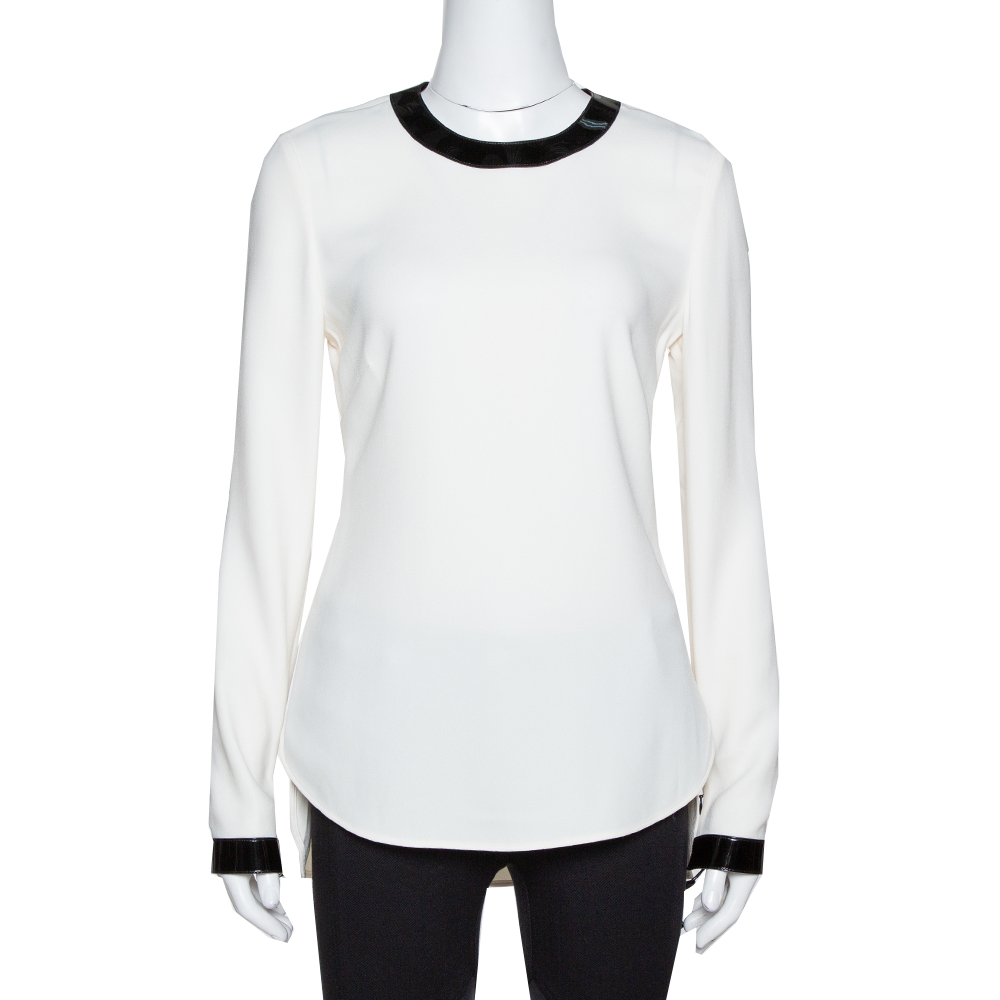 Ralph Lauren Off White Crepe Contrast Leather Trim Blouse S, Shirts & Tops - Luxury Closet catalog