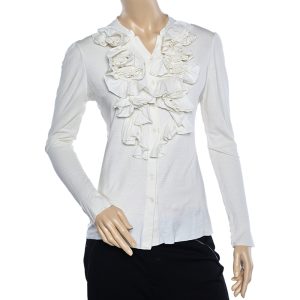 Ralph Lauren Off White Knit Ruffled Neck Button Front Top L, Shirts & Tops - Luxury Closet catalog