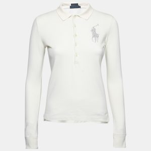 Ralph Lauren Cream Cotton Pique Logo Embellished Skinny Polo T-Shirt XS, Shirts & Tops - Luxury Closet catalog