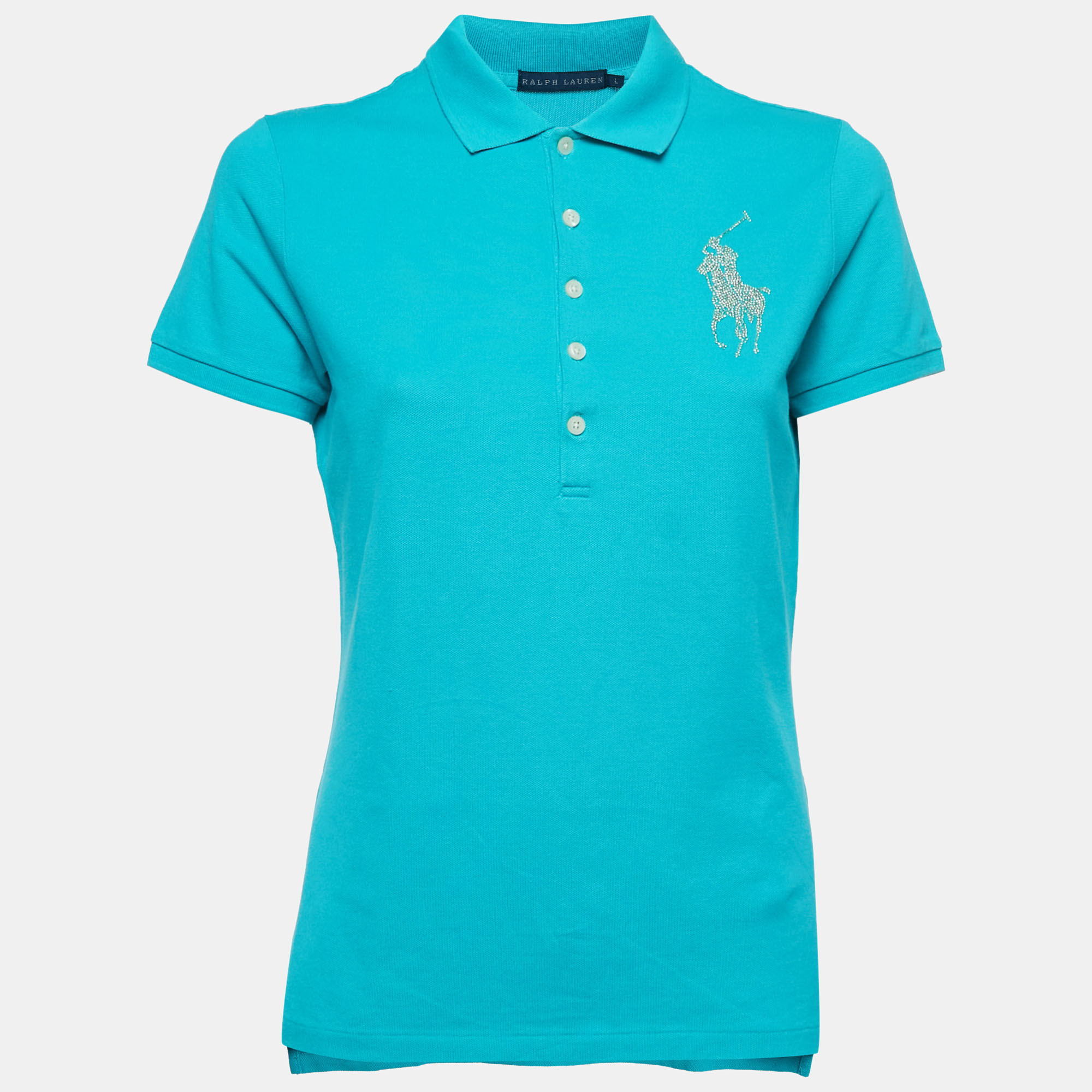 Ralph Lauren Teal Blue Cotton Glitter Logo Polo T-Shirt L, Shirts & Tops - Luxury Closet catalog