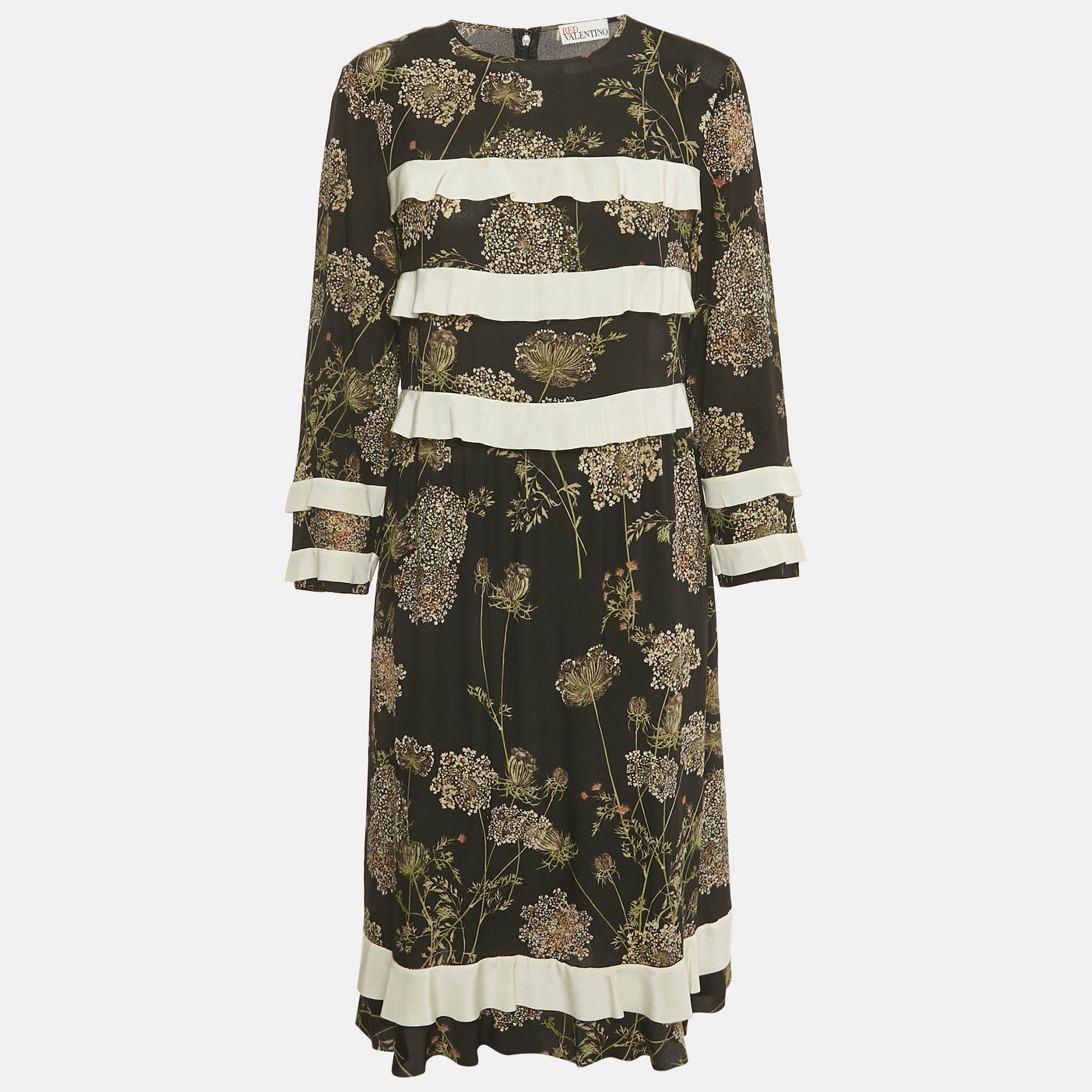 RED Valentino Black Floral Print Silk Frill Detail Midi Dress M, Dresses - Luxury Closet catalog