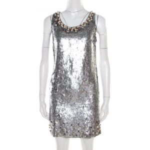 Red Valentino Silver Sequined Pearl Embellished Sleeveless Mini Shift Dress S, Dresses - Luxury Closet catalog