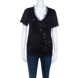 RED Valentino Black Knit Sequined Lace Trim V Neck Top S, Shirts & Tops - Luxury Closet catalog