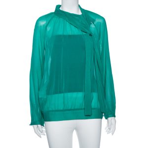 RED Valentino Teal Silk Topstitch Pleated Shoulder Detail Blouse M, Shirts & Tops - Luxury Closet catalog
