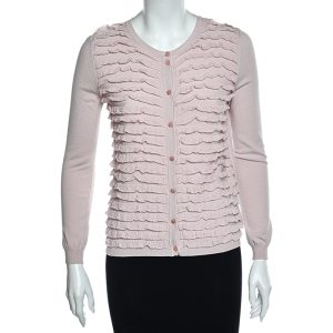 RED Valentino Pink Knit Ruffle Trimmed Button Front Fitted Cardigan L, Sweaters & Cardigans - Luxury Closet catalog