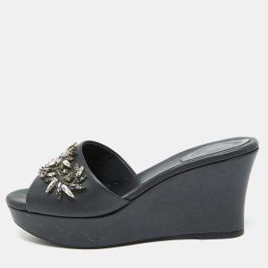 Ren&eacute; Caovilla Black Leather Crystal Embellished Platform Wedge Sandals Size 36, Sandals - Luxury Closet catalog