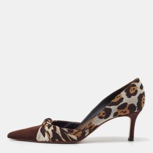 Ren&eacute; Caovilla Brown Leopard Print Fabric and Suede Knotted Pointed Toe Pumps Size 38, Pumps - Luxury Closet catalog