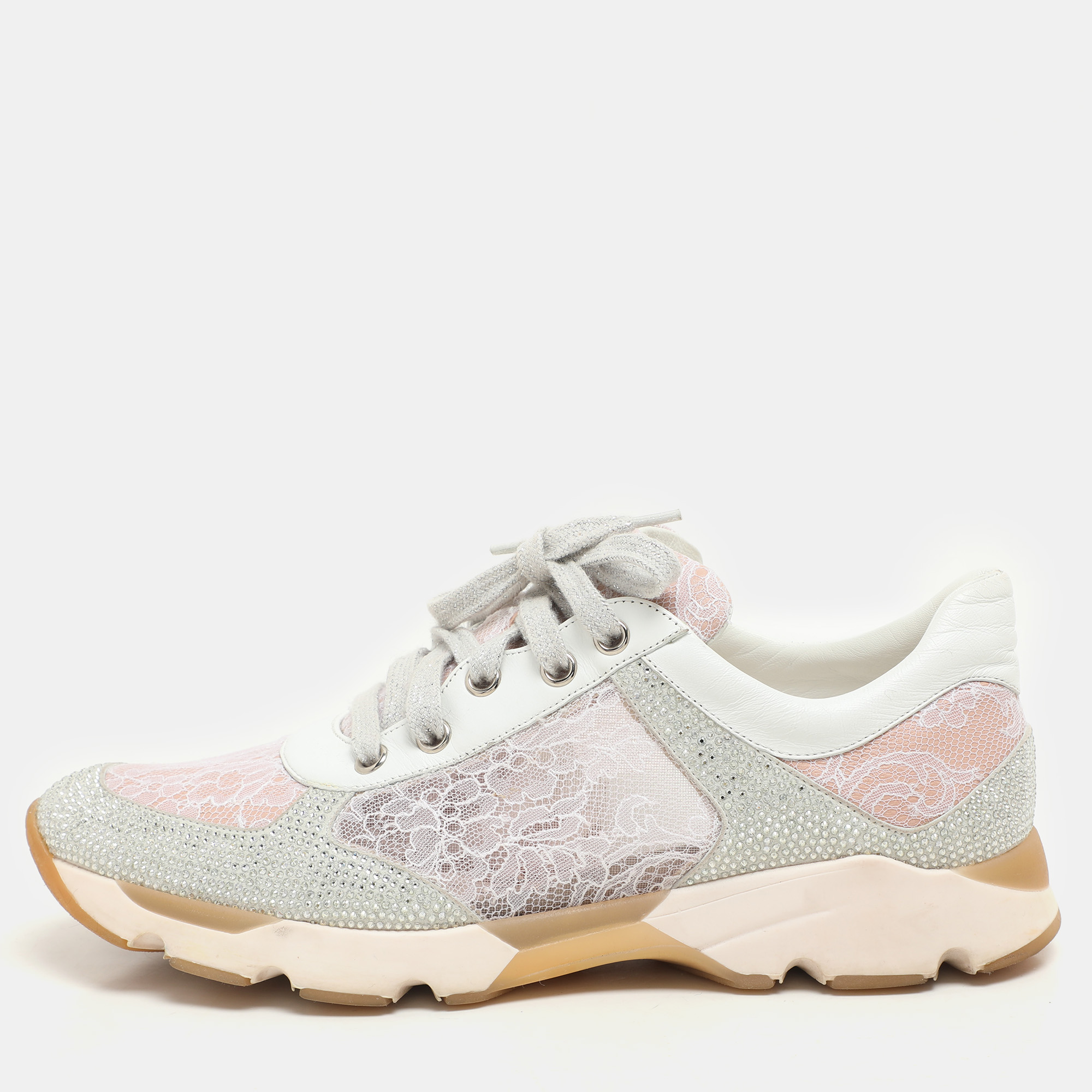 René Caovilla Pink/White Lace and Leather Crystal Embellished Low Top Sneakers Size 37, Athletic Shoes & Sneakers - Luxury Closet catalog