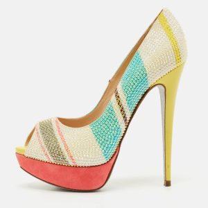 Ren&eacute; Caovilla Multicolor Suede Crystal Embellished Platform Peep Toe Pumps Size 37, Pumps - Luxury Closet catalog