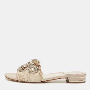 Ren&eacute; Caovilla Beige Lace Crystals Embellished Flat Slides Size 39, Flats - Luxury Closet catalog
