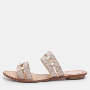 Ren&eacute; Caovilla Beige Suede Crystal Embellished Slide Flat Sandals Size 38, Sandals - Luxury Closet catalog