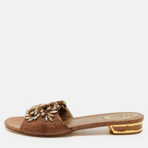 Ren&eacute; Caovilla Brown Snakeskin Leather Crystal Embellished Flat Sandals Size 41, Sandals - Luxury Closet catalog