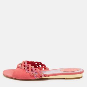 Ren&eacute; Caovilla Pink Suede Crystals Embellished Flat Slides Size 41, Sandals - Luxury Closet catalog