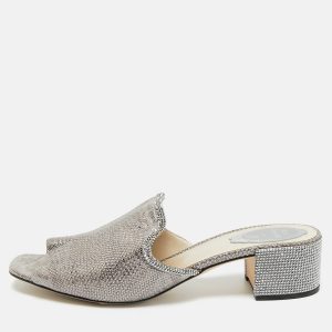 Ren&eacute; Caovilla Grey//Silver Texture Leather Crystal Embellished Mules Size 41, Sandals - Luxury Closet catalog