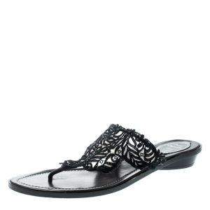 Rene Caovilla Black Crystal Embellished Lace And Leather Flat Thong Sandals Size 39, Flats - Luxury Closet catalog