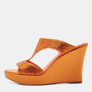 Ren&eacute; Caovilla Orange Satin Crystal Embellished Wedge Slides Size 41, Sandals - Luxury Closet catalog