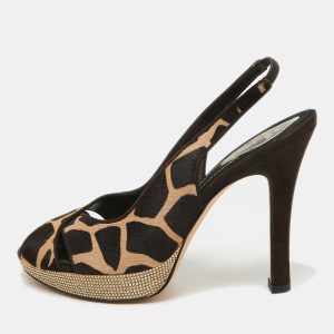 Ren&eacute; Caovilla Brown Calf Hair Embellished Slingback Sandals Size 40, Sandals - Luxury Closet catalog