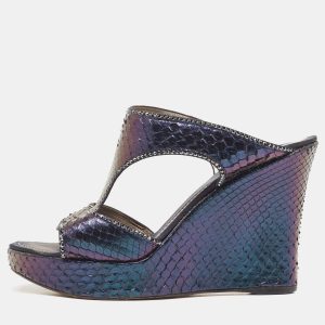 Ren&eacute; Caovilla Metallic Python Crystal Embellished Wedge Sandals Size 37, Sandals - Luxury Closet catalog