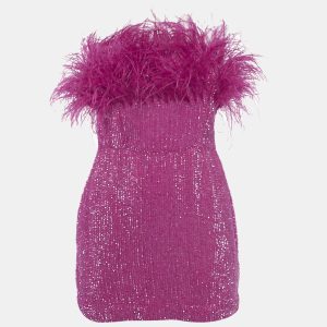 Retrofete Bright Pink Sequin Embellished Faux Feather Detail Strapless Mini Dress S, Dresses - Luxury Closet catalog