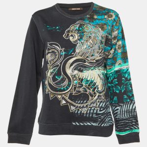 Roberto Cavalli Black Embroidered & Printed Cotton Sweatshirt M, Sweaters & Cardigans - Luxury Closet catalog