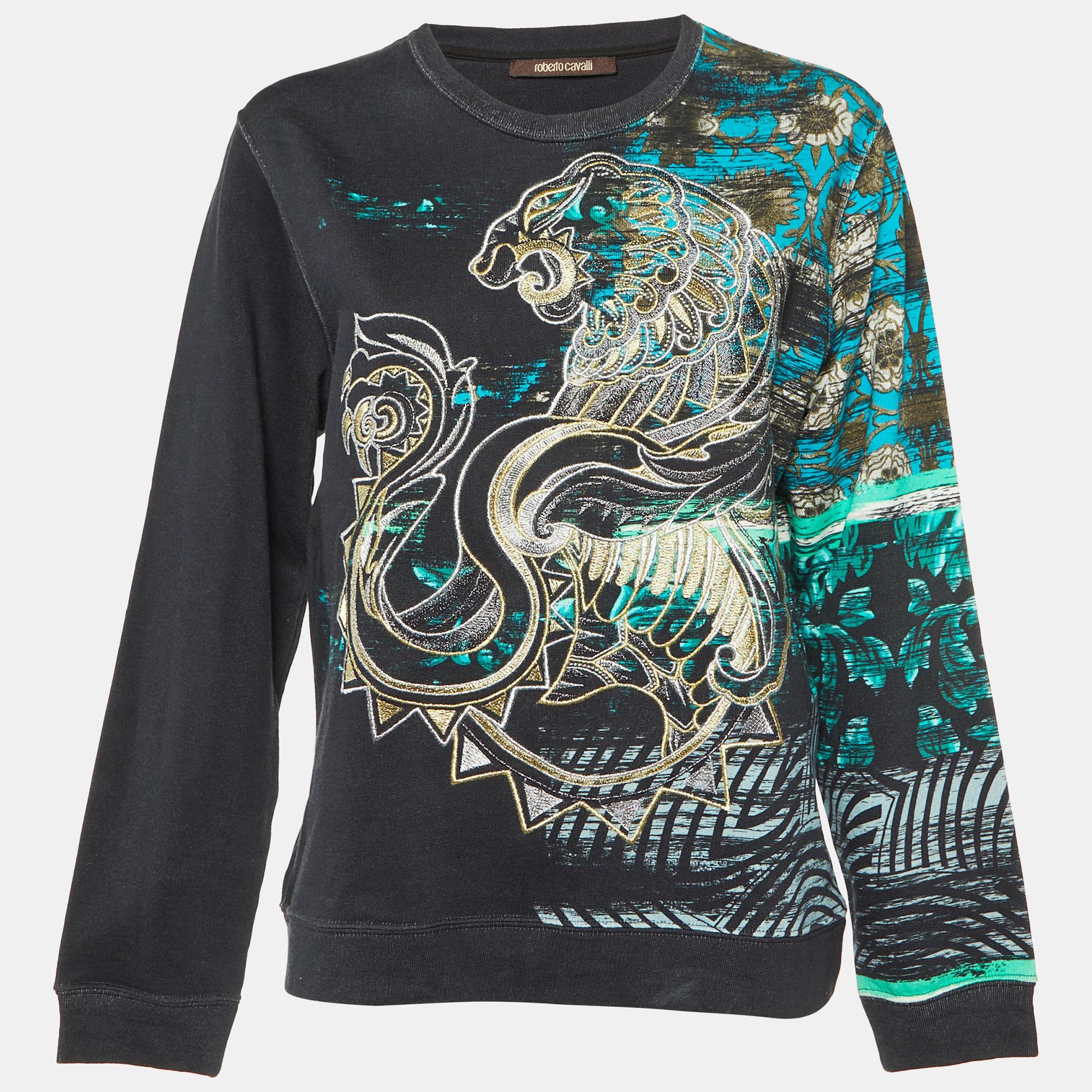 Roberto Cavalli Black Embroidered & Printed Cotton Sweatshirt M, Sweaters & Cardigans - Luxury Closet catalog