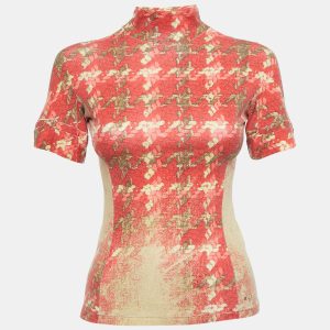 Roberto Cavalli Red/Beige Floral Print Modal Jersey High Neck Top XS, Shirts & Tops - Luxury Closet catalog