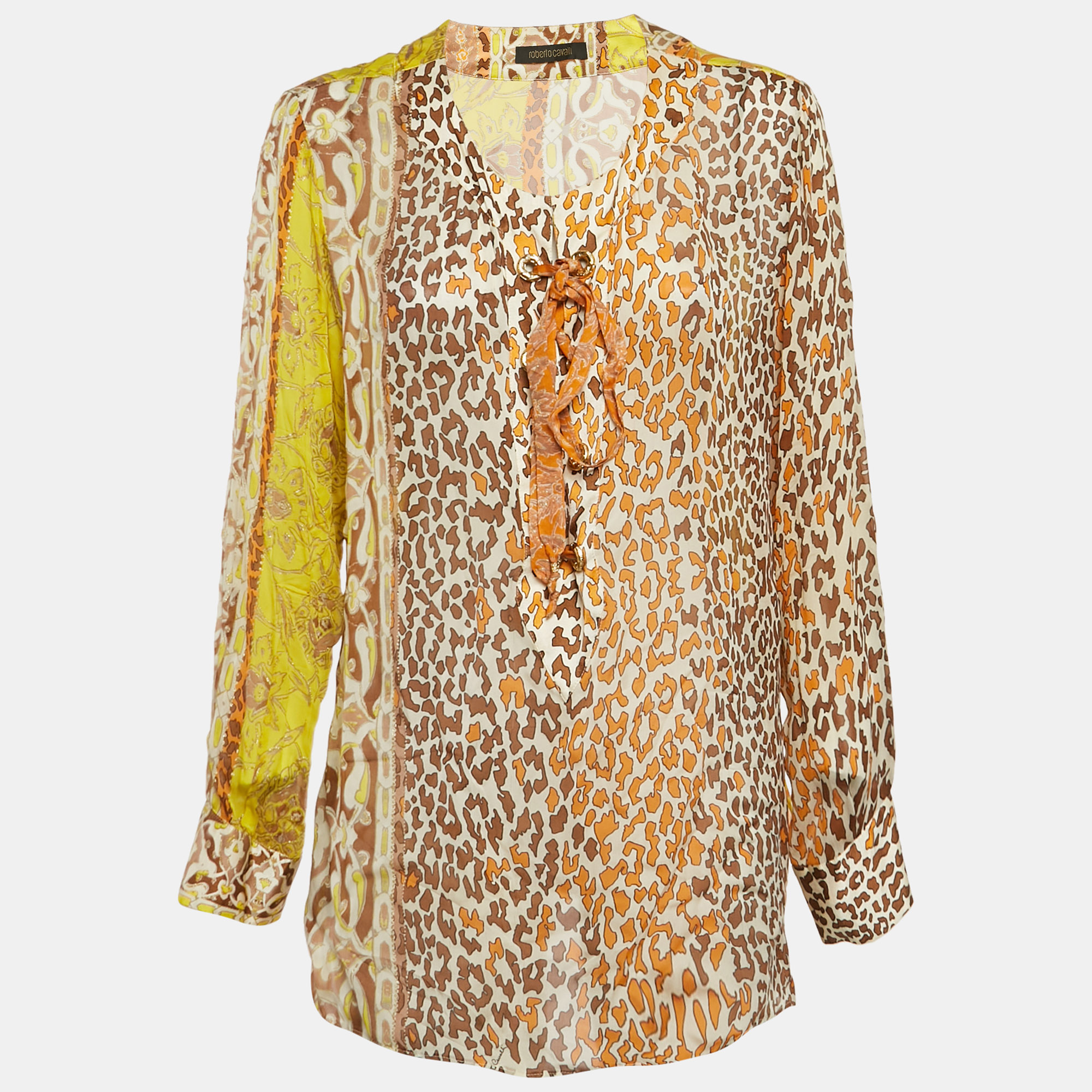 Roberto Cavalli Yellow Printed Silk Lace Up Blouse L, Shirts & Tops - Luxury Closet catalog